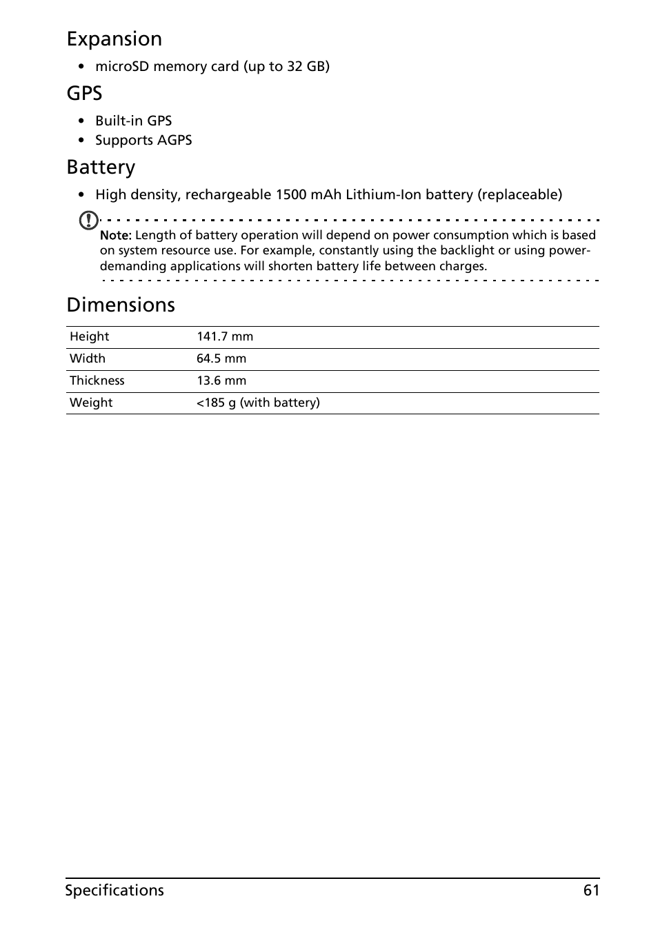 Expansion, Battery, Dimensions | Acer ICONIA SMART (S300) User Manual | Page 61 / 69