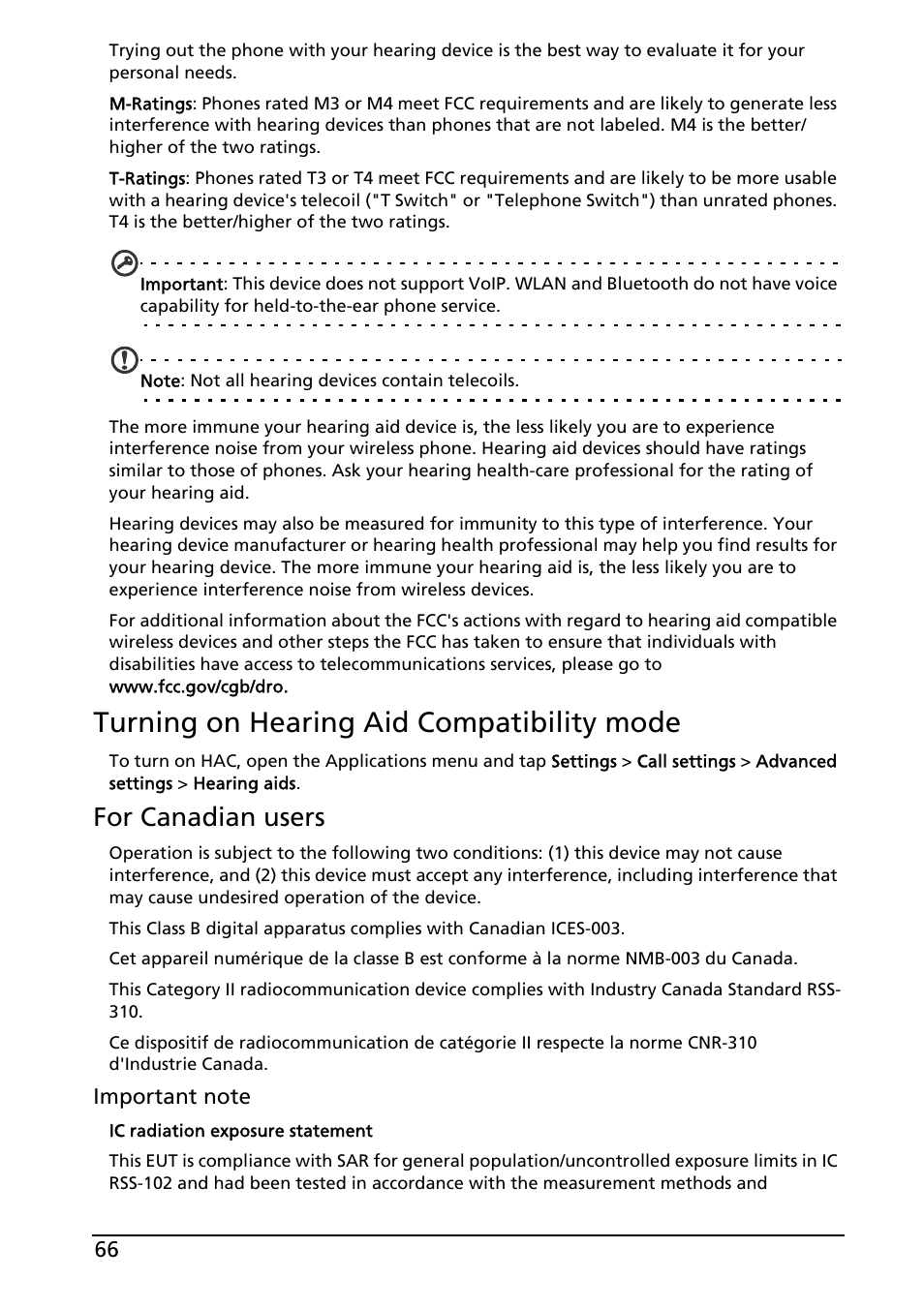 Turning on hearing aid compatibility mode, For canadian users | Acer ICONIA SMART (S300) User Manual | Page 66 / 69