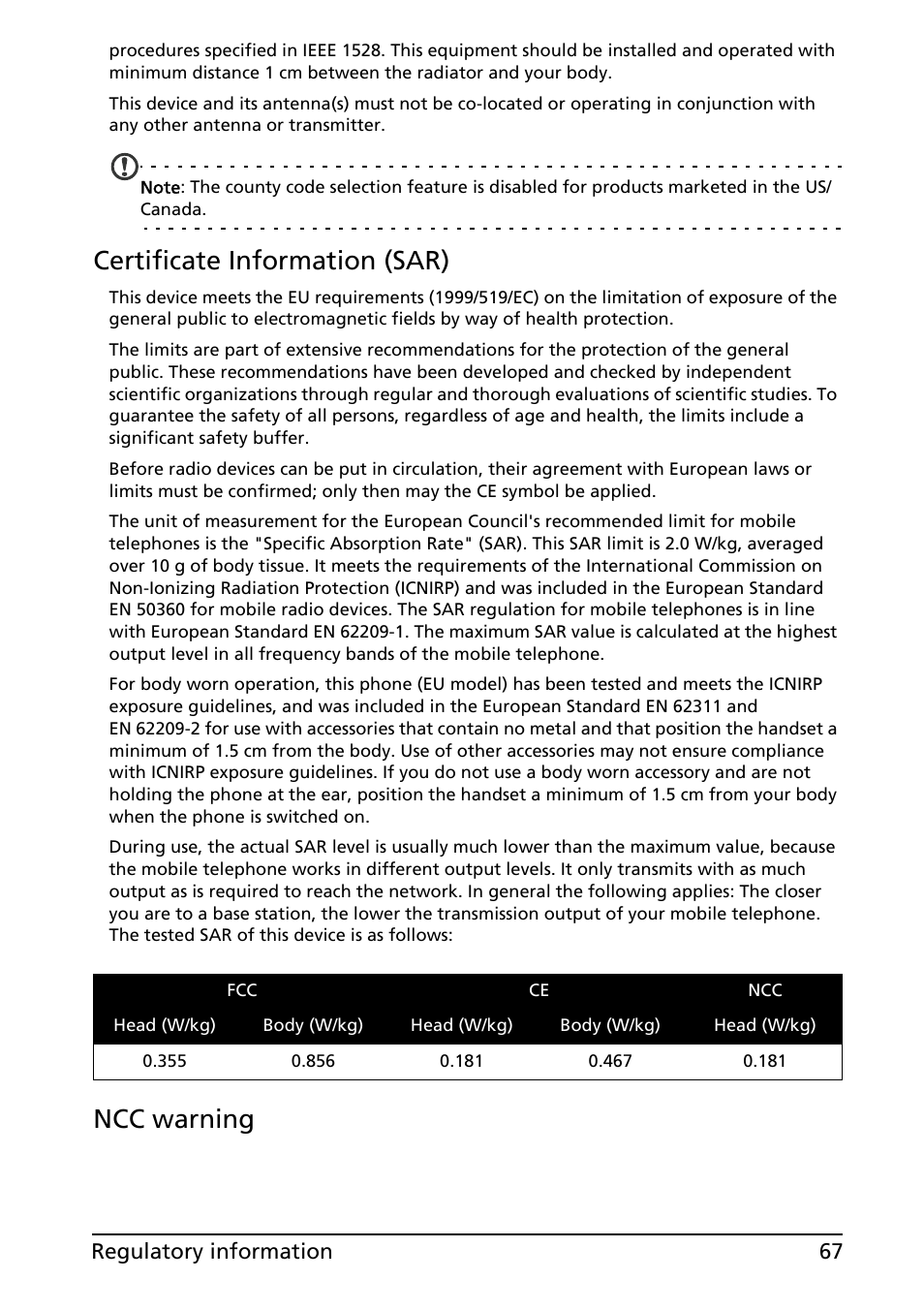 Certificate information (sar), Ncc warning | Acer ICONIA SMART (S300) User Manual | Page 67 / 69