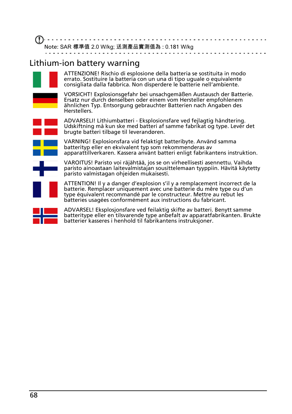 Lithium-ion battery warning | Acer ICONIA SMART (S300) User Manual | Page 68 / 69