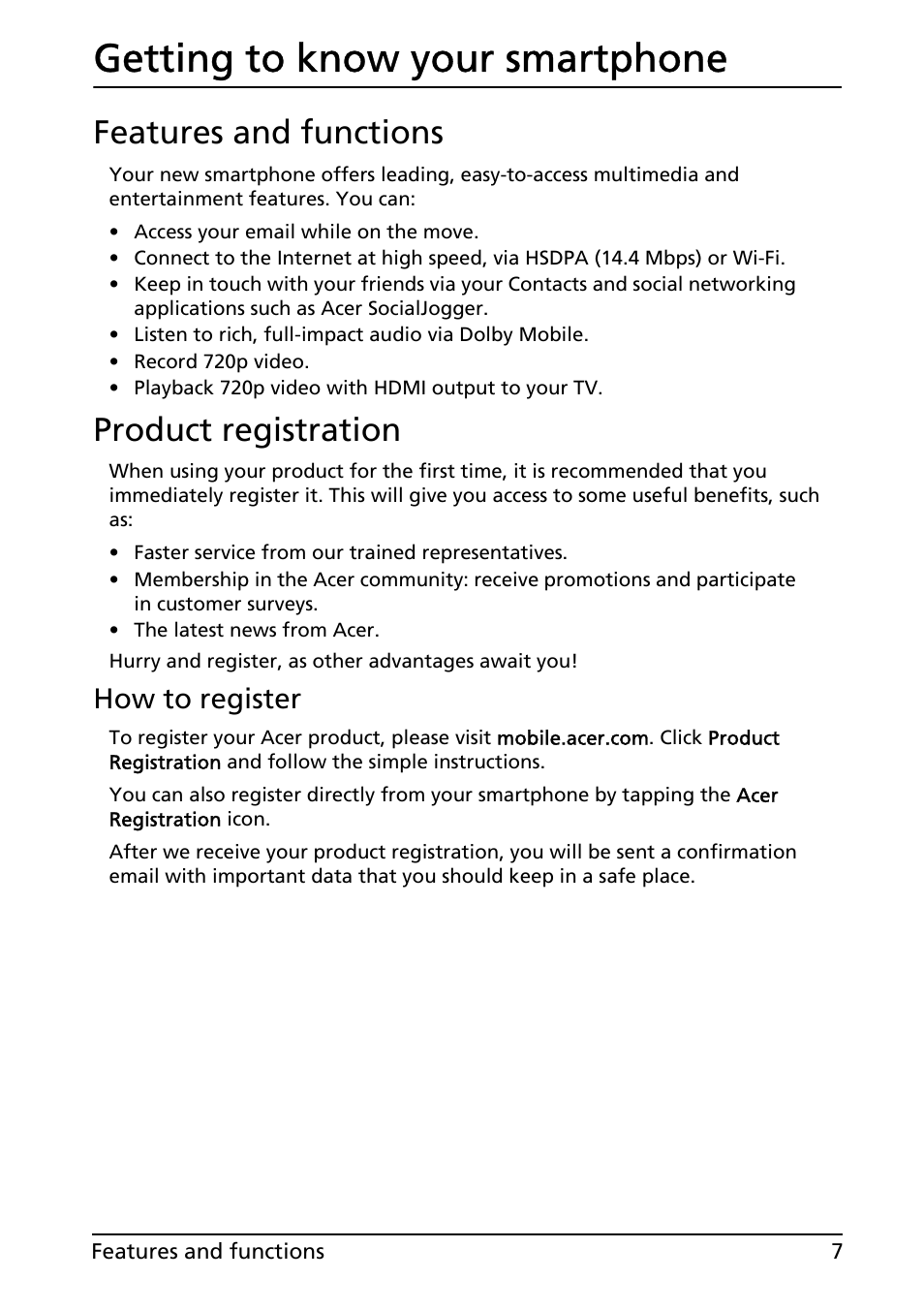 Features and functions, Product registration, Features and functions product registration | Getting to know your smartphone, How to register | Acer ICONIA SMART (S300) User Manual | Page 7 / 69