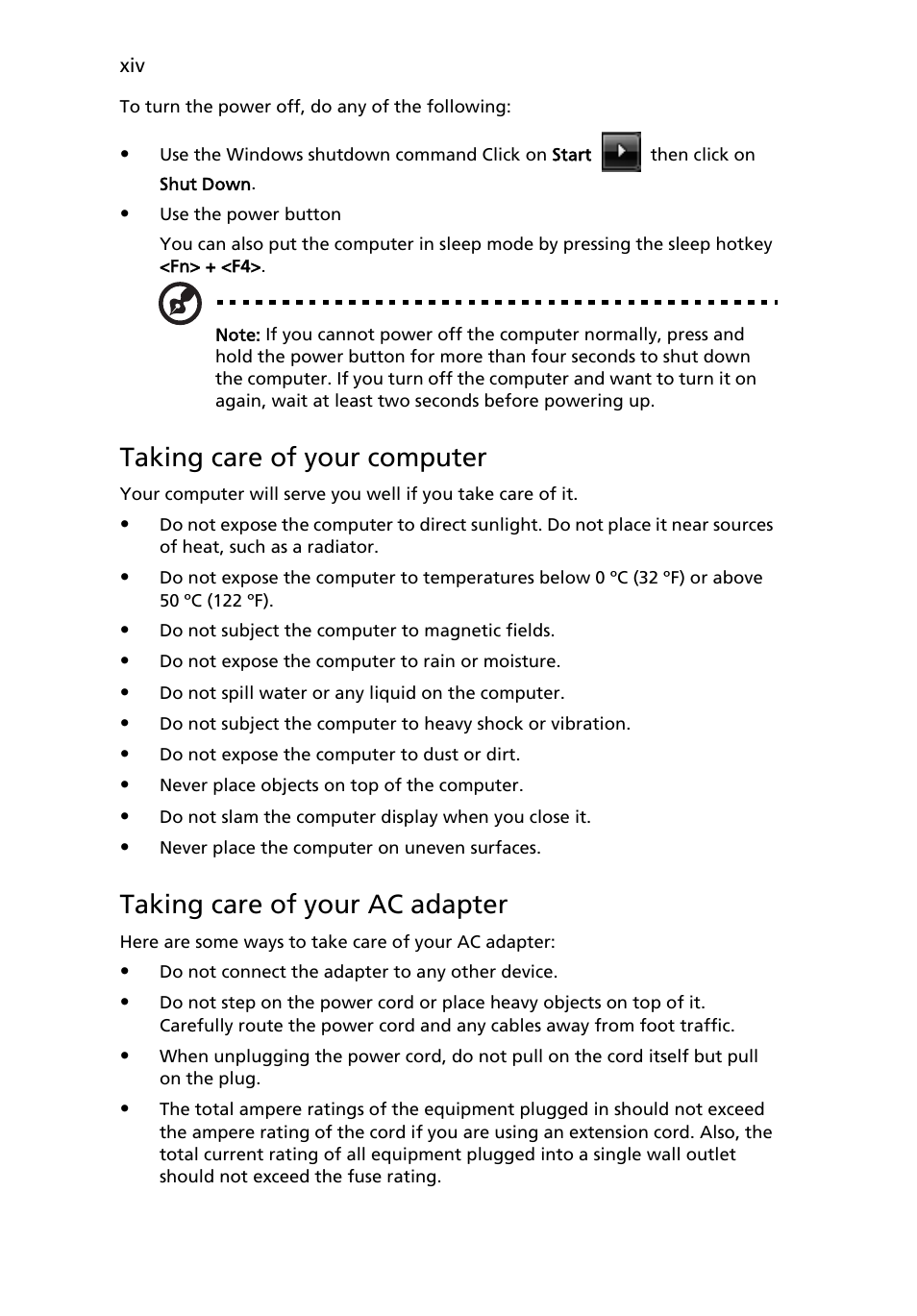 Taking care of your computer, Taking care of your ac adapter | Acer Aspire 5520 User Manual | Page 14 / 119