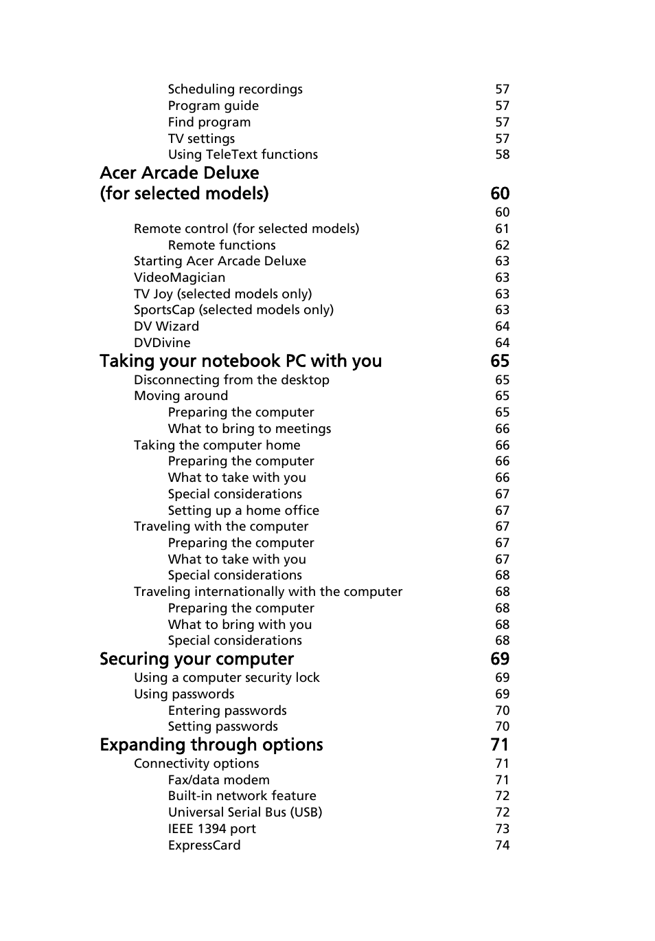 Acer arcade deluxe (for selected models) 60, Securing your computer 69, Expanding through options 71 | Acer Aspire 5520 User Manual | Page 19 / 119