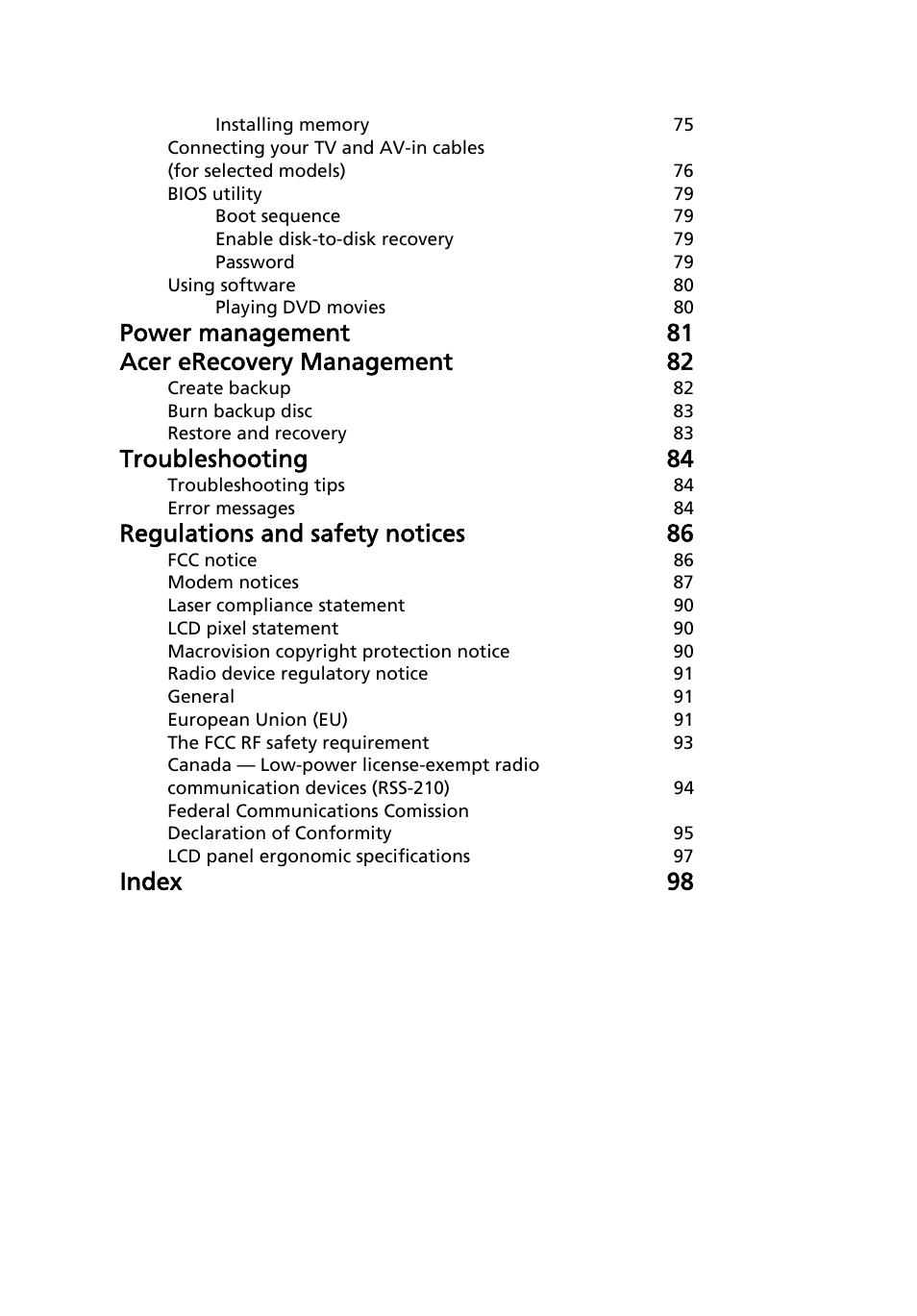 Power management 81 acer erecovery management 82, Troubleshooting 84, Regulations and safety notices 86 | Index 98 | Acer Aspire 5520 User Manual | Page 20 / 119