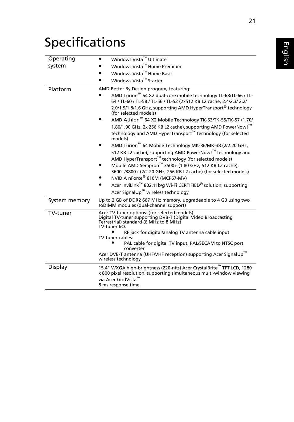 Specifications, Eng lis h | Acer Aspire 5520 User Manual | Page 41 / 119