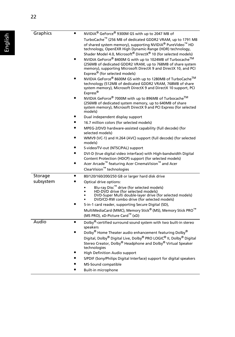 English, Graphics, Storage subsystem | Audio | Acer Aspire 5520 User Manual | Page 42 / 119