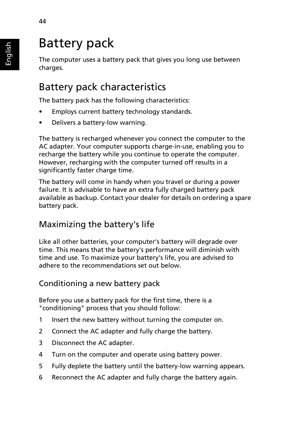 Battery pack, Battery pack characteristics, Maximizing the battery's life | Installing and removing the battery pack | Acer Aspire 5520 User Manual | Page 64 / 119