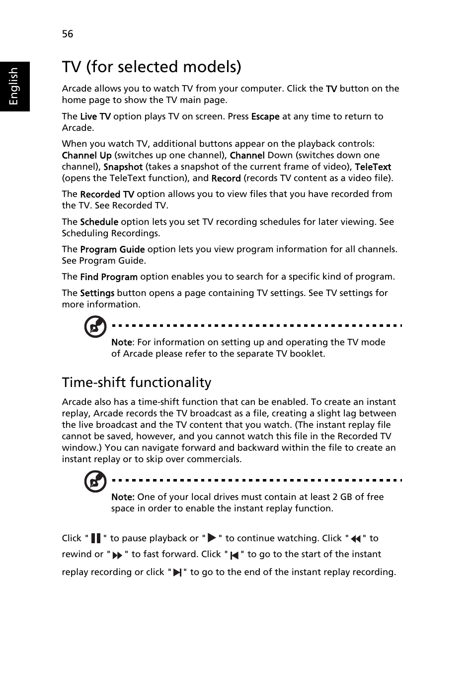 Tv (for selected models), Time-shift functionality, Recorded tv | Acer Aspire 5520 User Manual | Page 76 / 119
