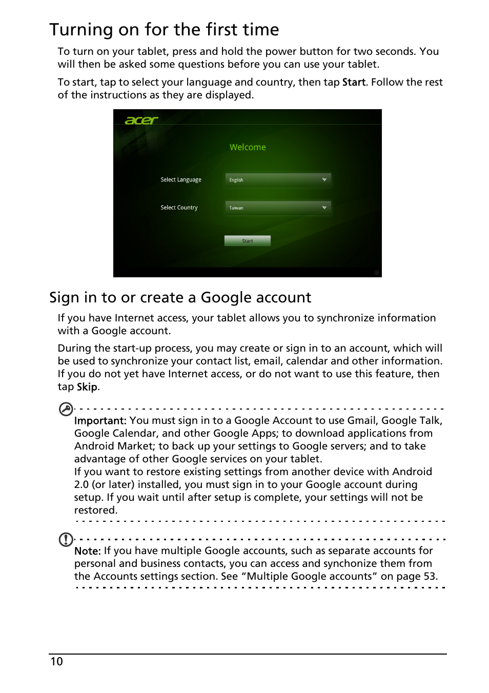 Turning on for the first time, Sign in to or create a google account | Acer A200 User Manual | Page 10 / 58