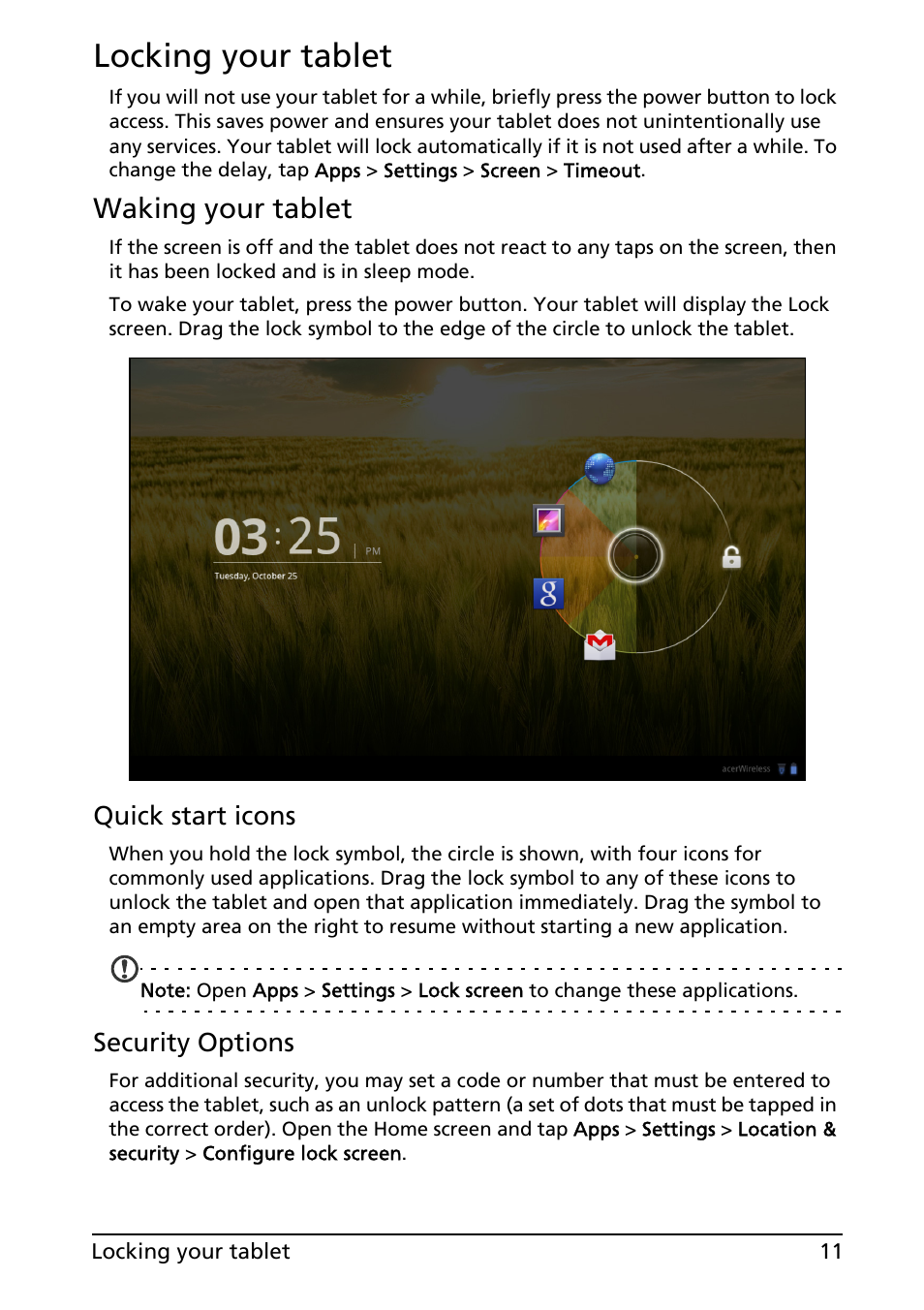 Locking your tablet, Waking your tablet | Acer A200 User Manual | Page 11 / 58