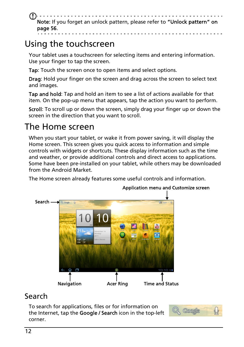 Using the touchscreen, The home screen, Using the touchscreen the home screen | Search | Acer A200 User Manual | Page 12 / 58