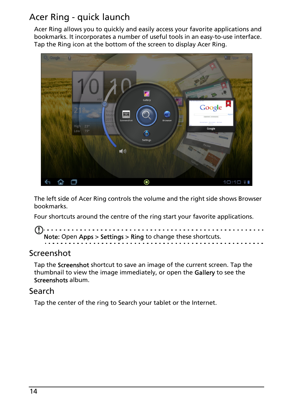 Acer ring - quick launch, Screenshot, Search | Acer A200 User Manual | Page 14 / 58