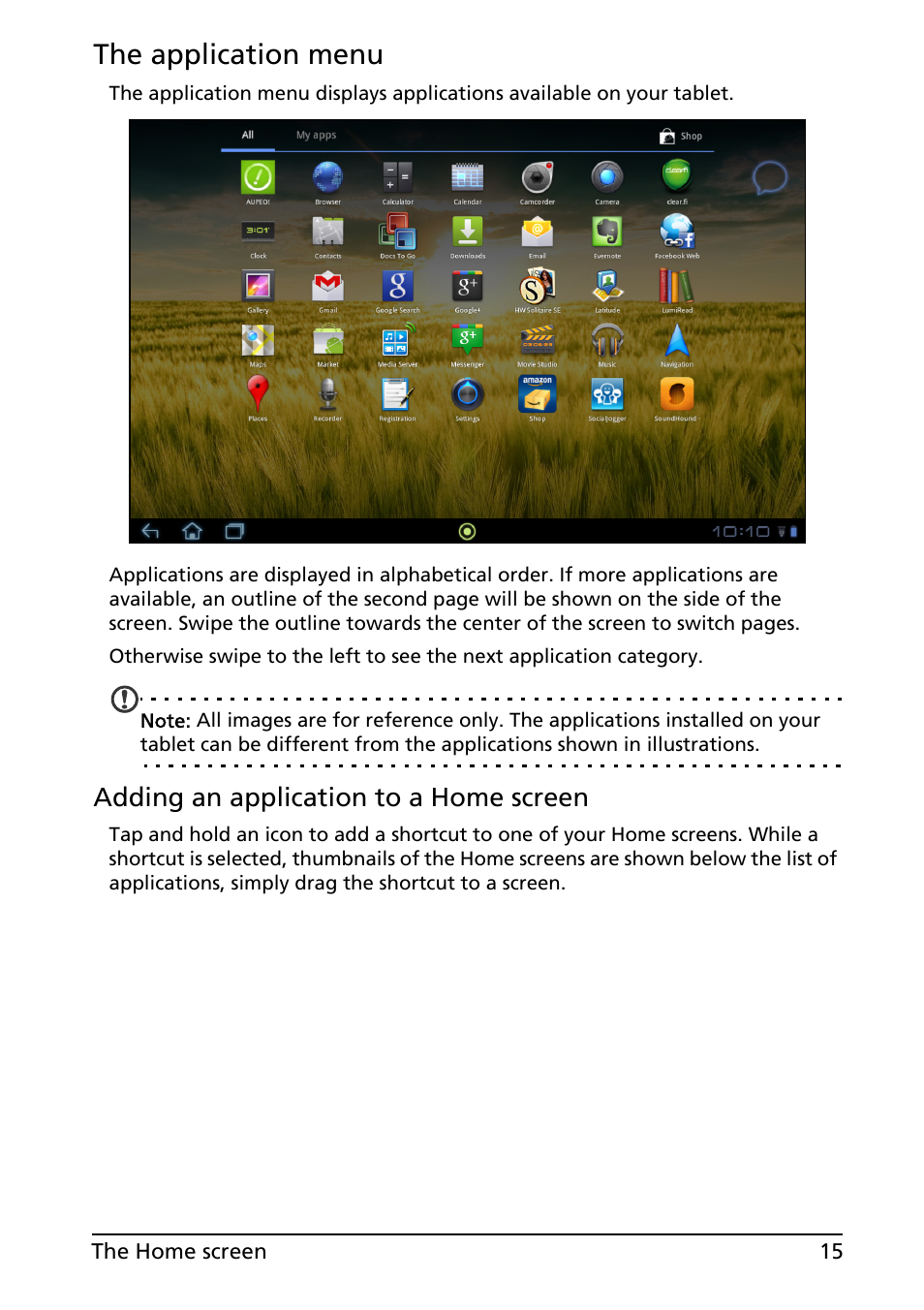 The application menu, Adding an application to a home screen | Acer A200 User Manual | Page 15 / 58