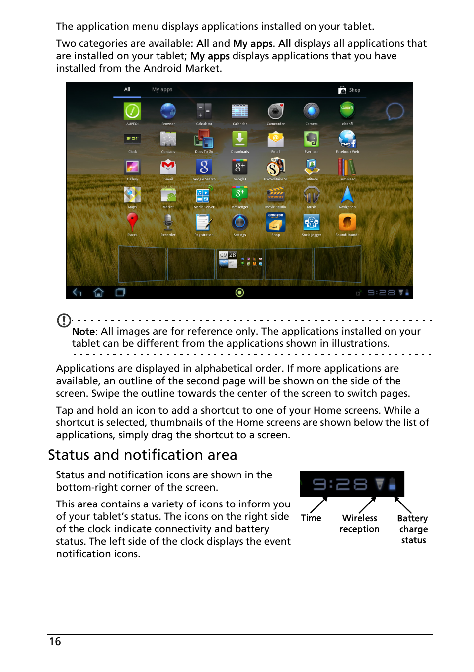 Status and notification area | Acer A200 User Manual | Page 16 / 58