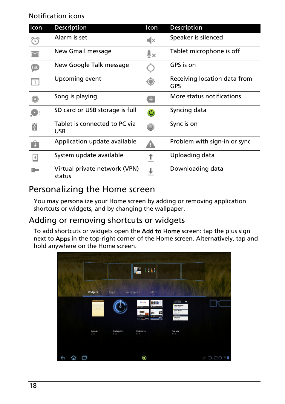 Personalizing the home screen, Adding or removing shortcuts or widgets | Acer A200 User Manual | Page 18 / 58