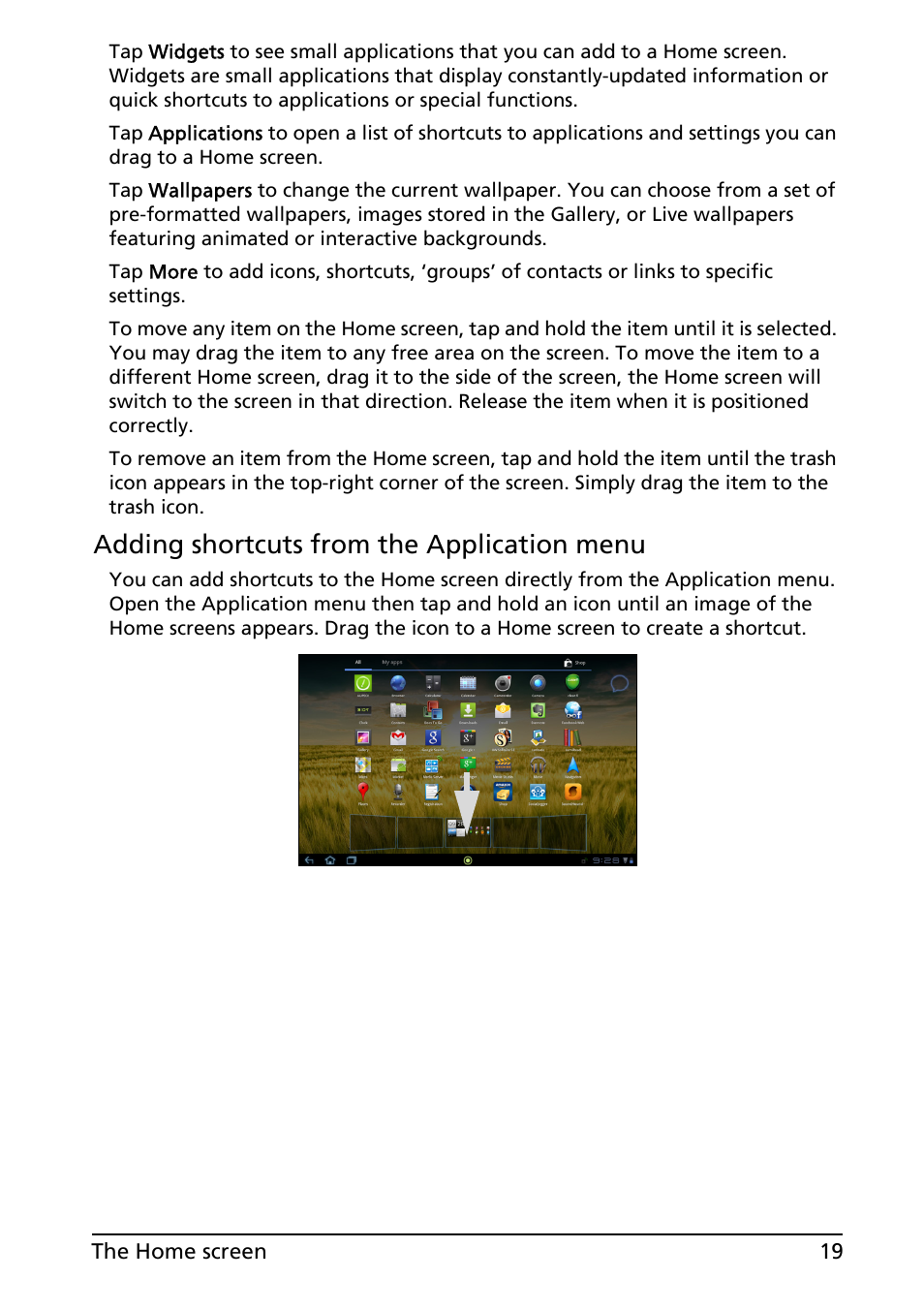 Adding shortcuts from the application menu | Acer A200 User Manual | Page 19 / 58