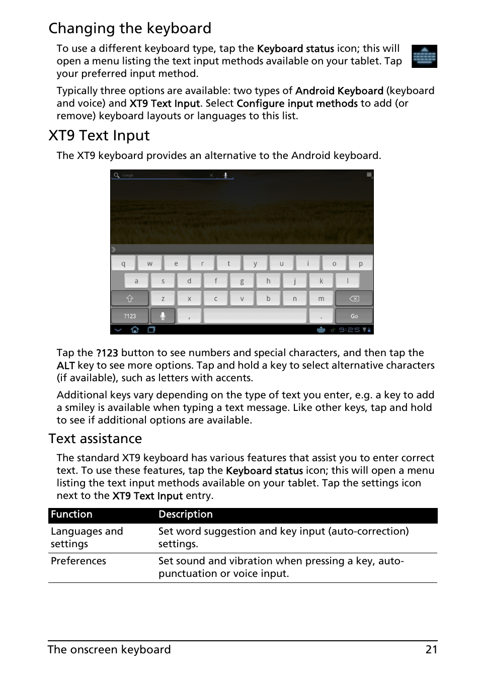Changing the keyboard, Xt9 text input, Text assistance | Acer A200 User Manual | Page 21 / 58