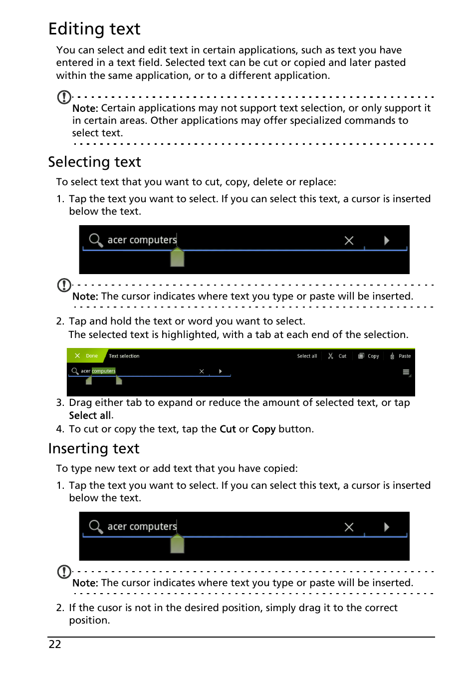 Editing text, Selecting text, Inserting text | Acer A200 User Manual | Page 22 / 58