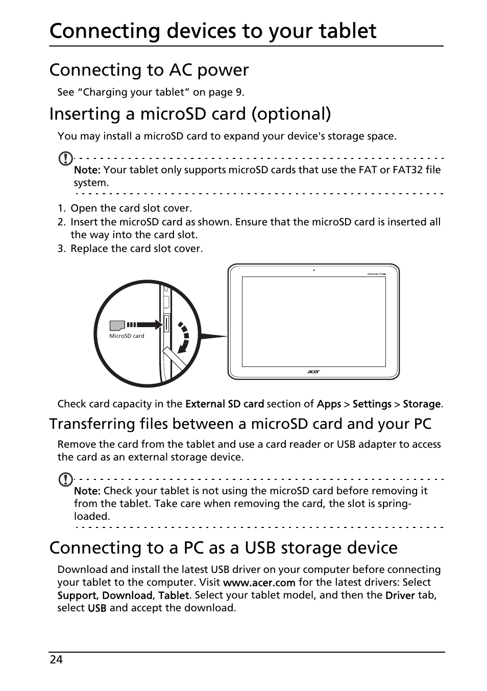 Connecting devices to your tablet, Connecting to ac power, Inserting a microsd card (optional) | Connecting to a pc as a usb storage device | Acer A200 User Manual | Page 24 / 58