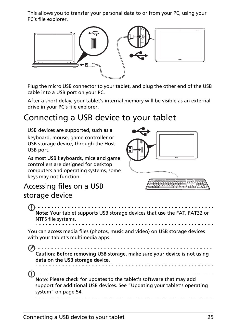 Connecting a usb device to your tablet, Accessing files on a usb storage device | Acer A200 User Manual | Page 25 / 58