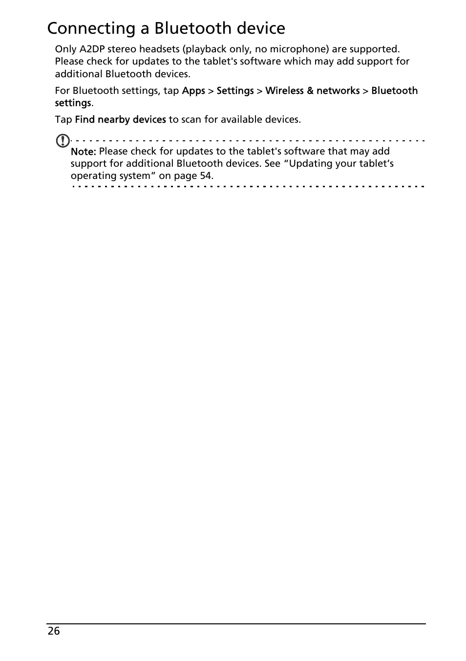 Connecting a bluetooth device | Acer A200 User Manual | Page 26 / 58