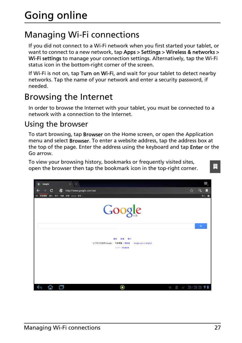 Going online, Managing wi-fi connections, Browsing the internet | Managing wi-fi connections browsing the internet | Acer A200 User Manual | Page 27 / 58