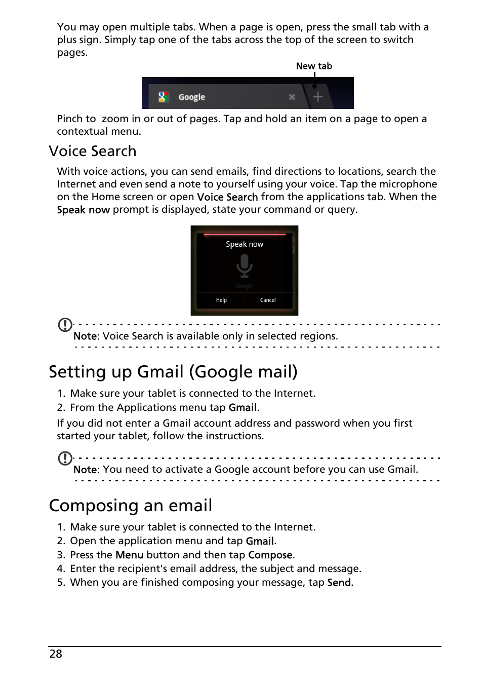Setting up gmail (google mail), Composing an email, Setting up gmail (google mail) composing an email | Voice search | Acer A200 User Manual | Page 28 / 58