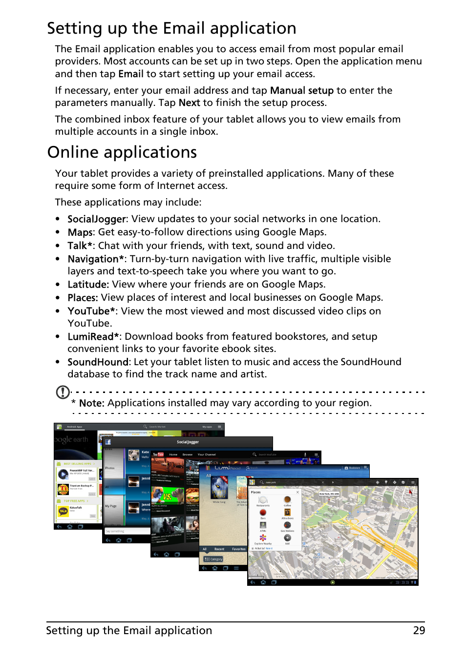 Setting up the email application, Online applications | Acer A200 User Manual | Page 29 / 58