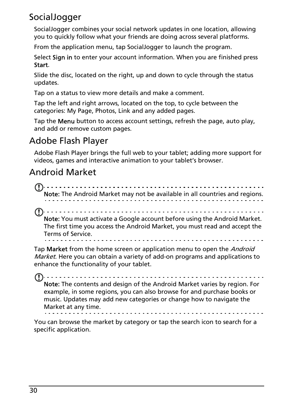 Socialjogger, Adobe flash player, Android market | Acer A200 User Manual | Page 30 / 58