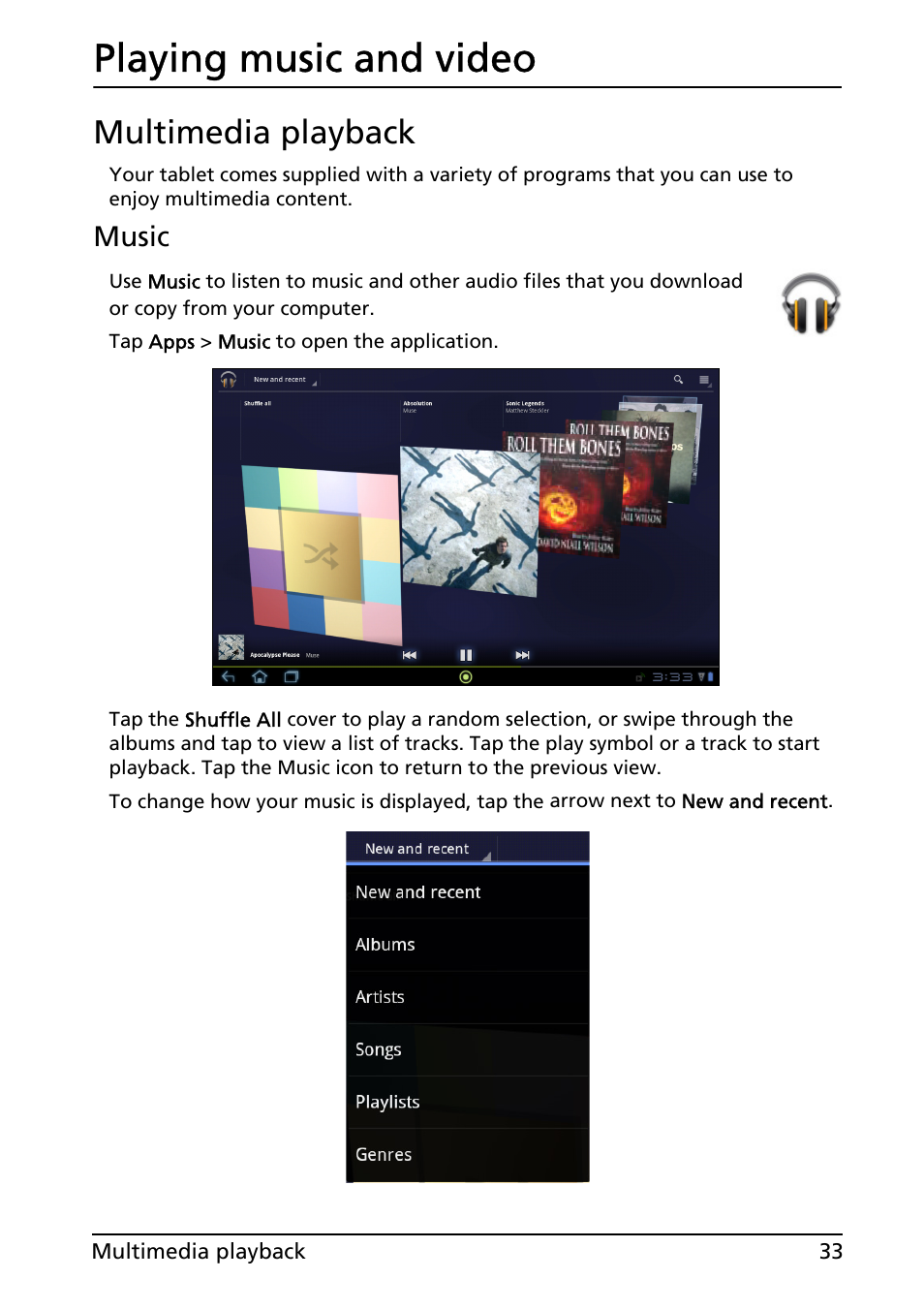 Playing music and video, Multimedia playback | Acer A200 User Manual | Page 33 / 58