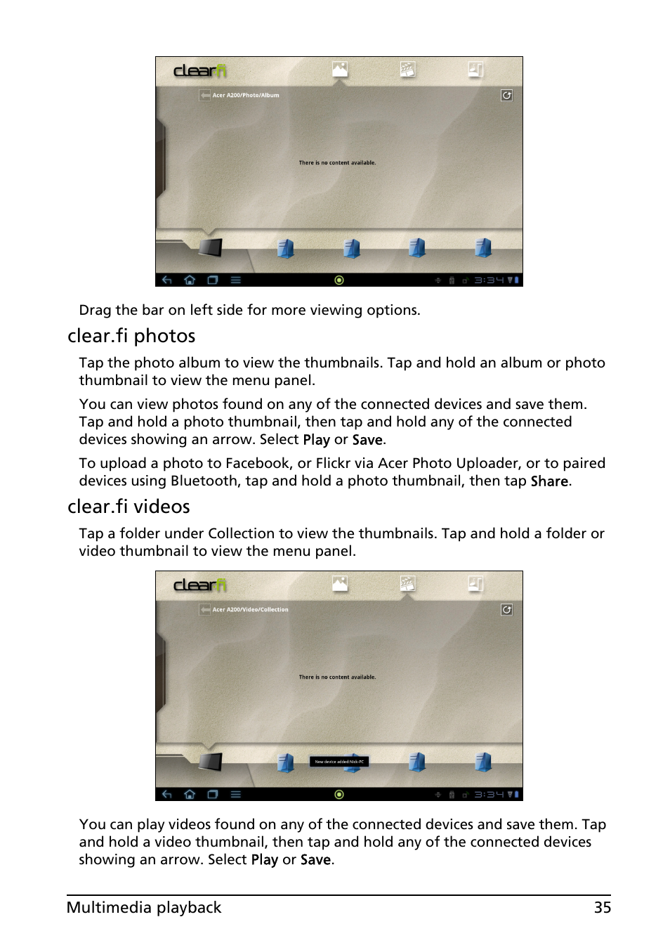Clear.fi photos, Clear.fi videos | Acer A200 User Manual | Page 35 / 58