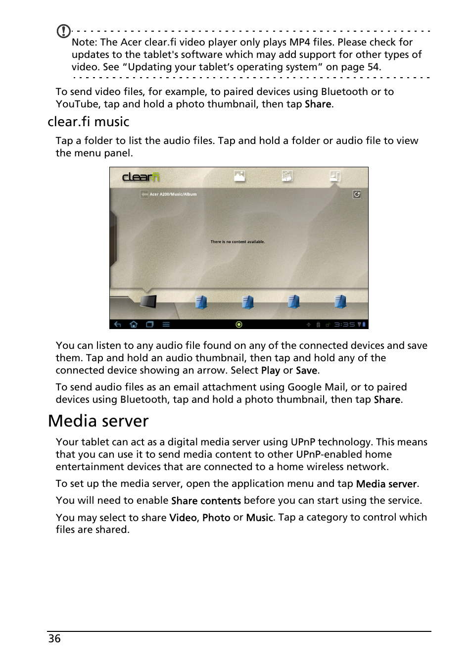 Media server, Clear.fi music | Acer A200 User Manual | Page 36 / 58