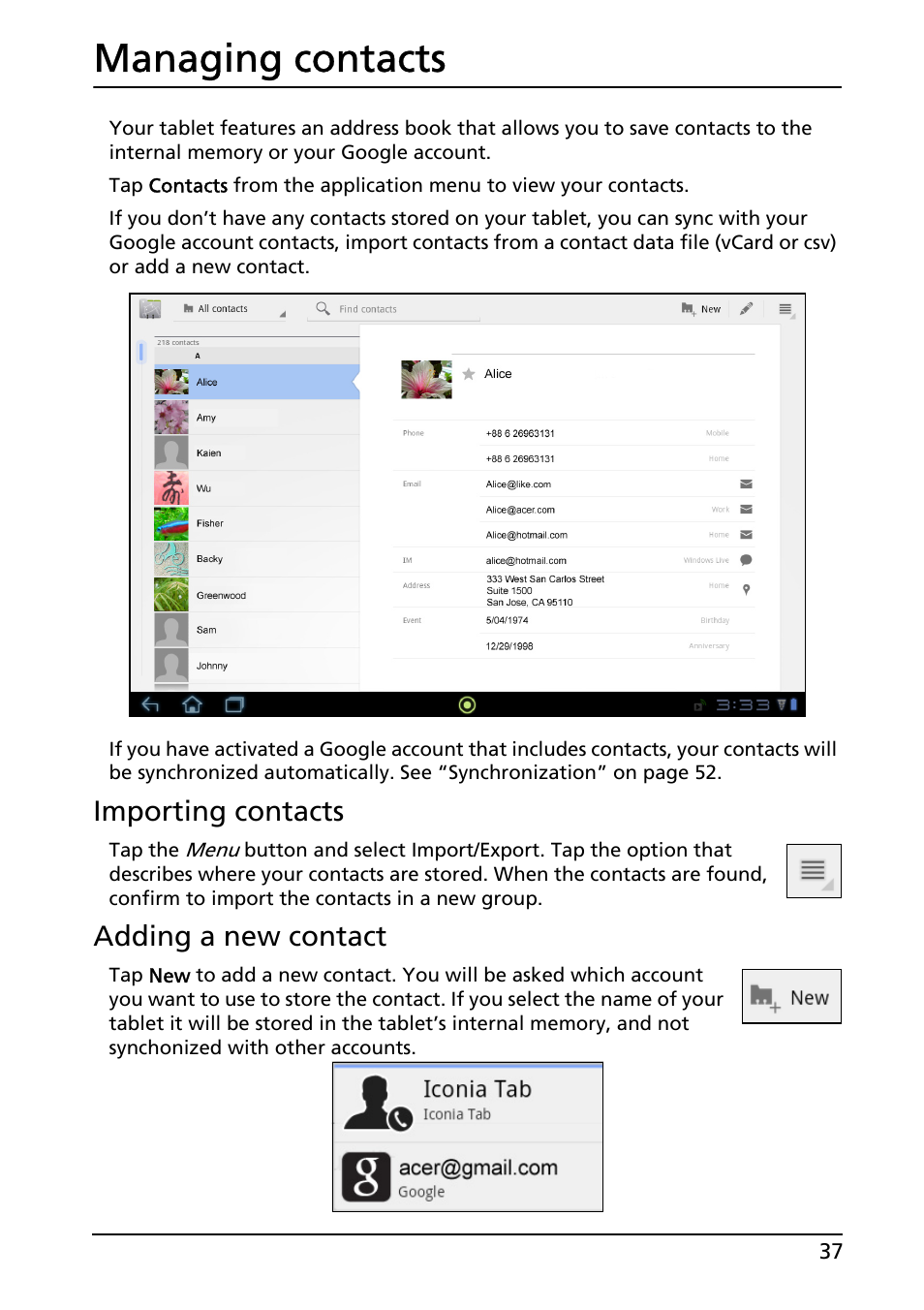 Managing contacts, Importing contacts, Adding a new contact | Acer A200 User Manual | Page 37 / 58