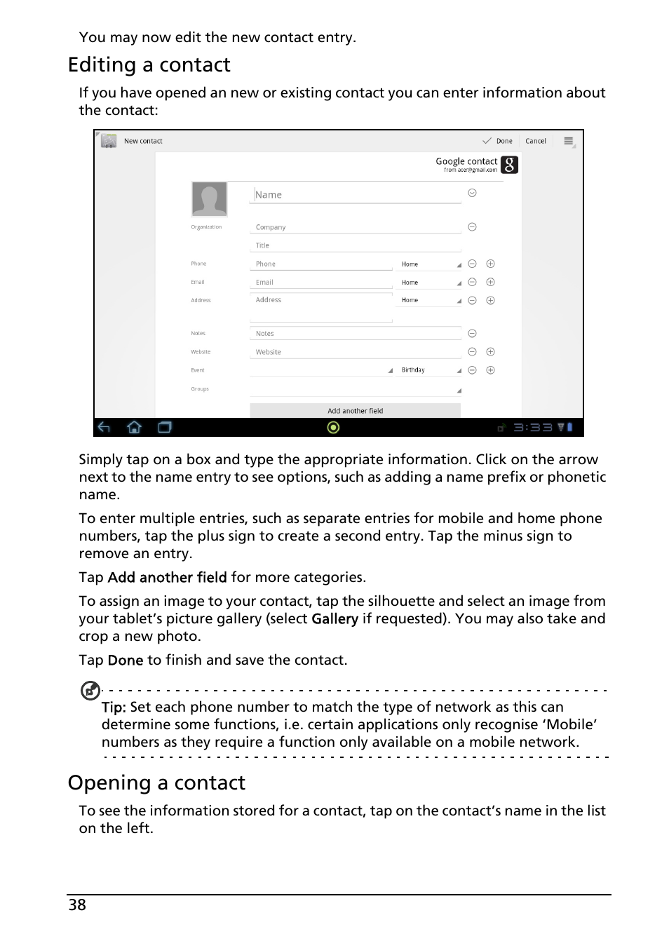 Editing a contact, Opening a contact | Acer A200 User Manual | Page 38 / 58