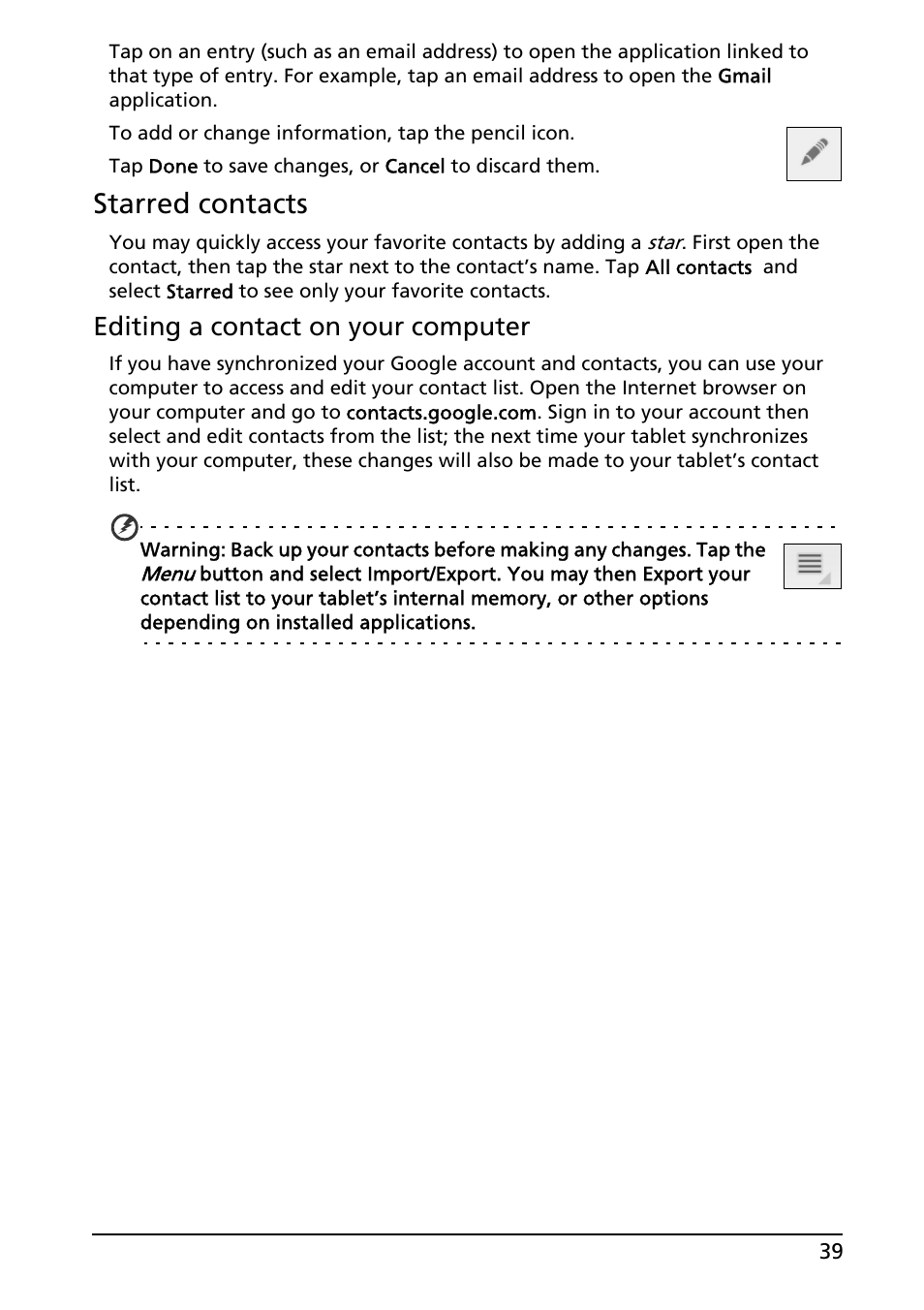 Starred contacts, Editing a contact on your computer | Acer A200 User Manual | Page 39 / 58