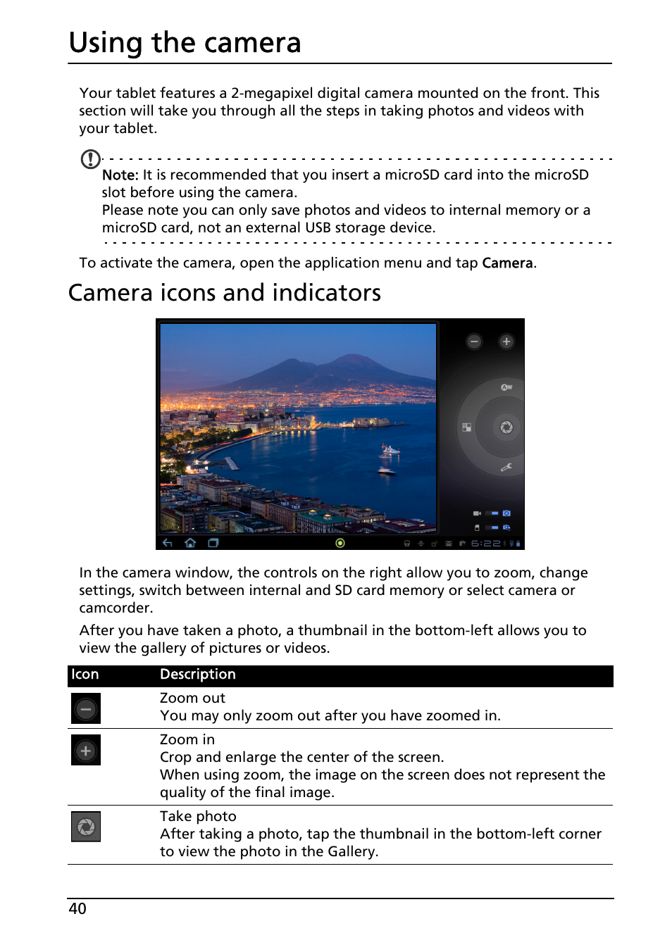 Using the camera, Camera icons and indicators | Acer A200 User Manual | Page 40 / 58