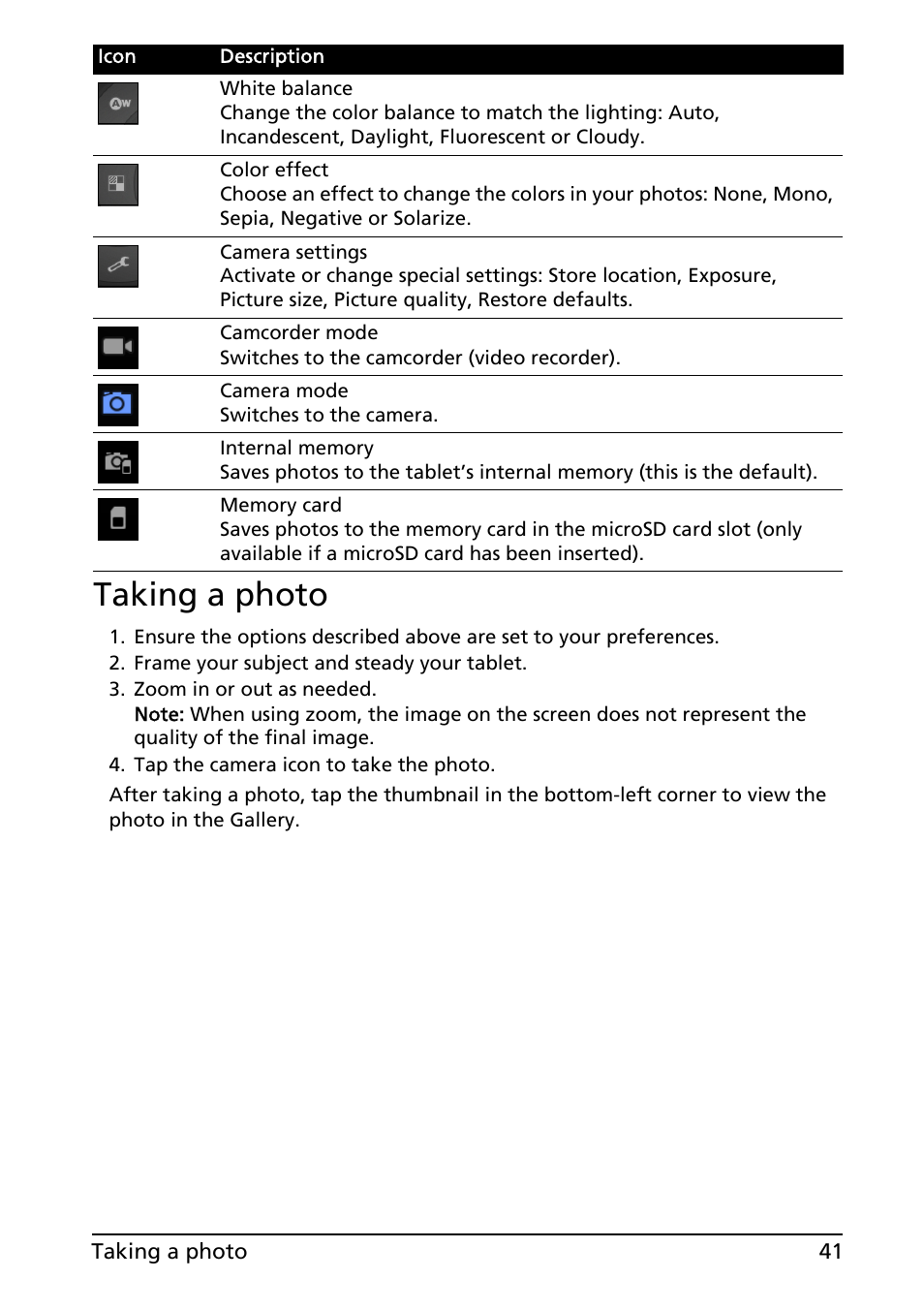 Taking a photo | Acer A200 User Manual | Page 41 / 58