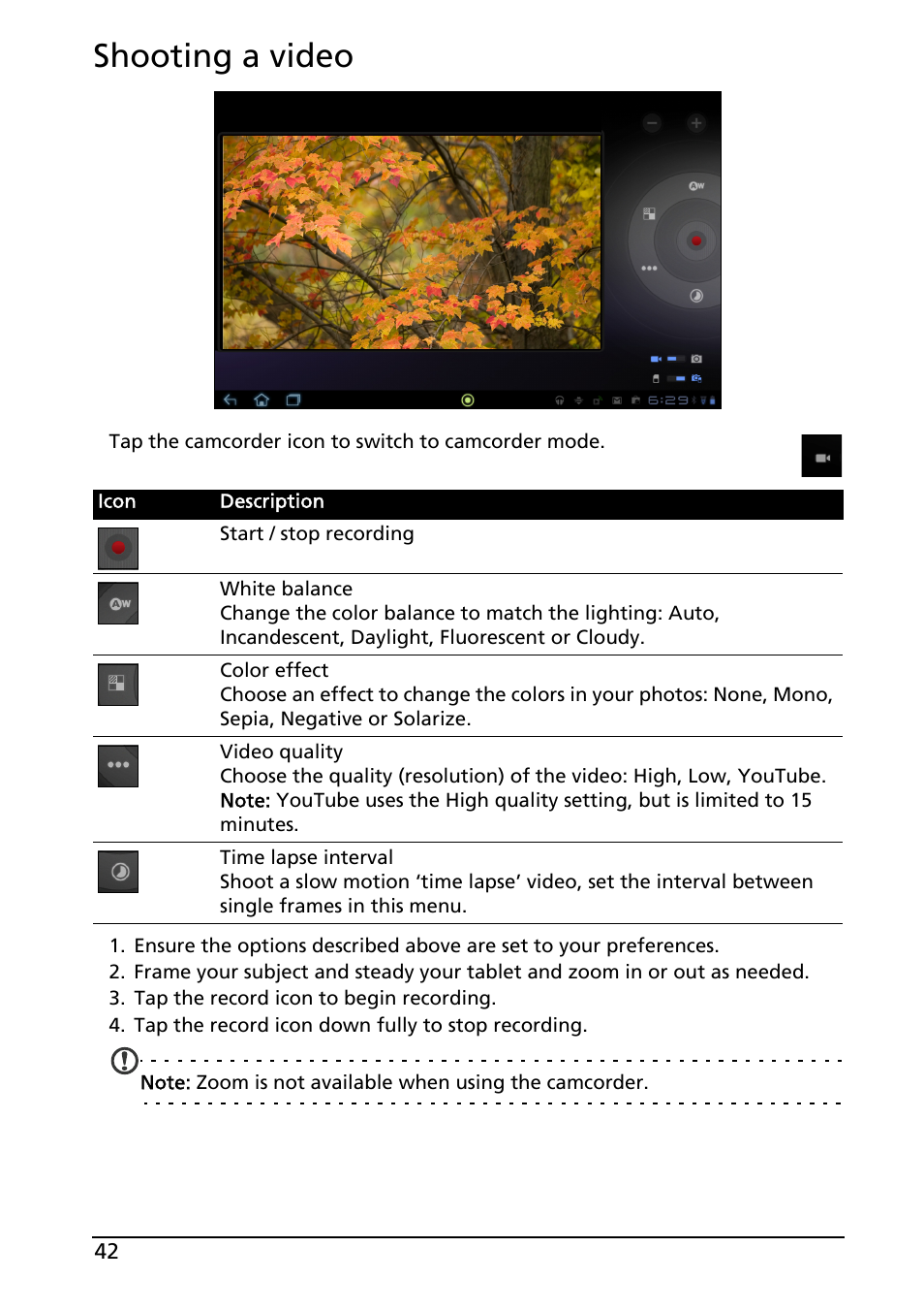 Shooting a video | Acer A200 User Manual | Page 42 / 58