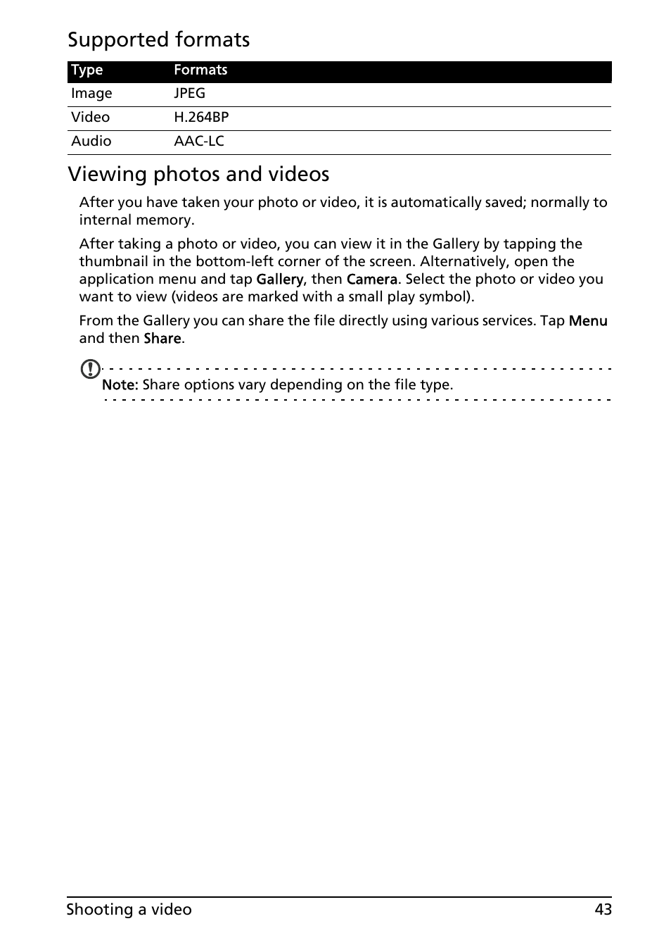 Supported formats viewing photos and videos | Acer A200 User Manual | Page 43 / 58