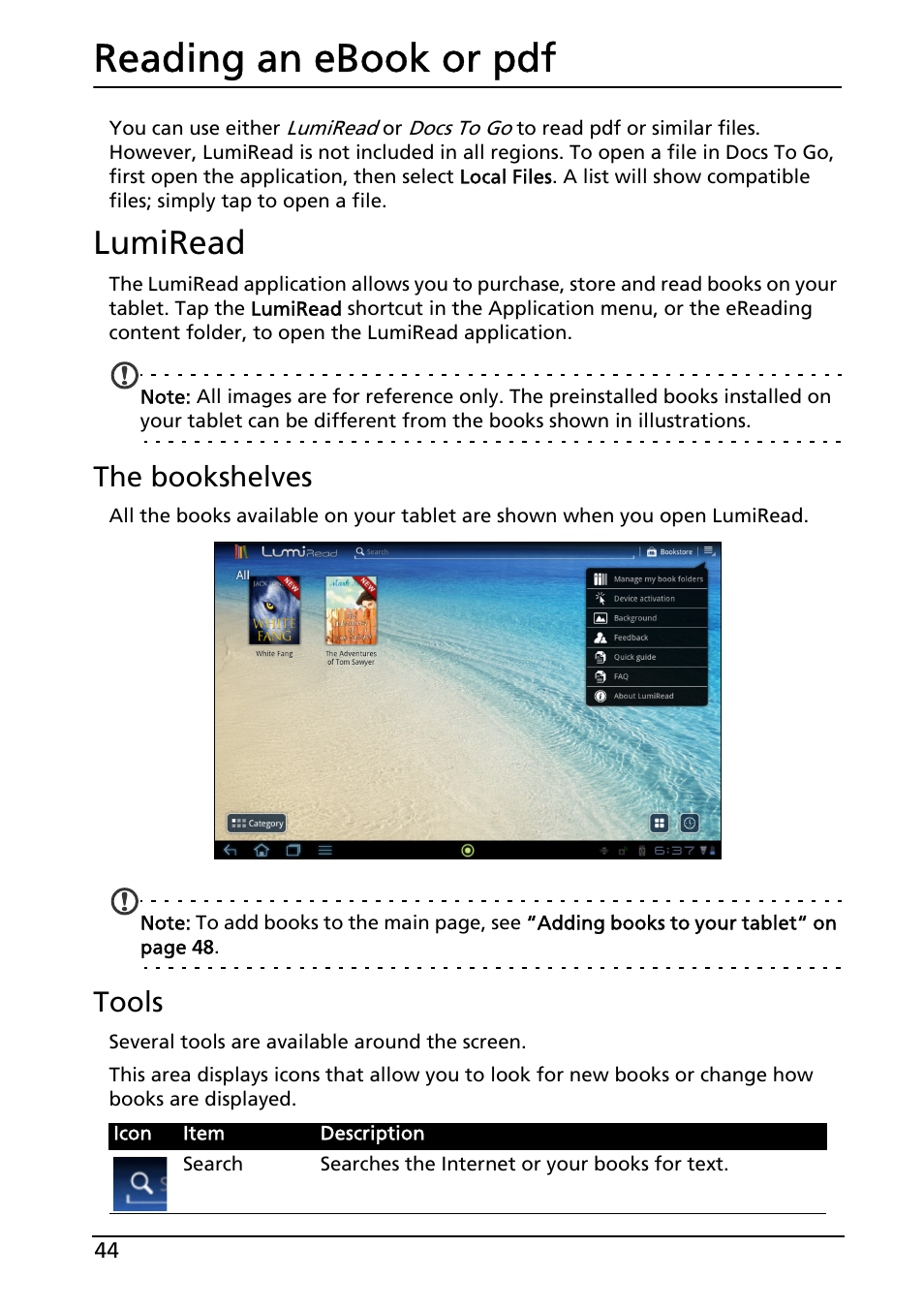 Reading an ebook or pdf, Lumiread, The bookshelves | Tools | Acer A200 User Manual | Page 44 / 58