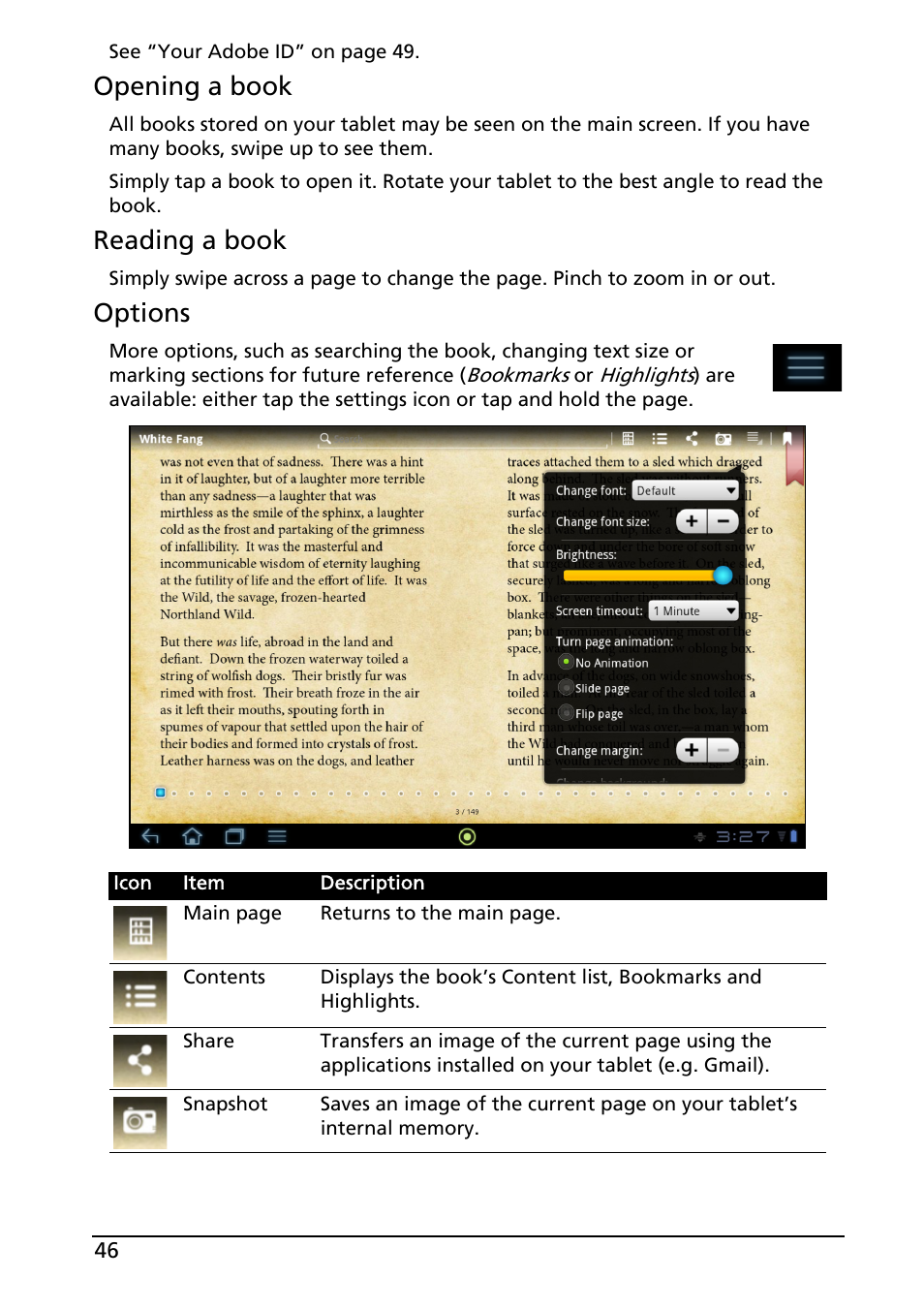Opening a book, Reading a book, Options | Acer A200 User Manual | Page 46 / 58