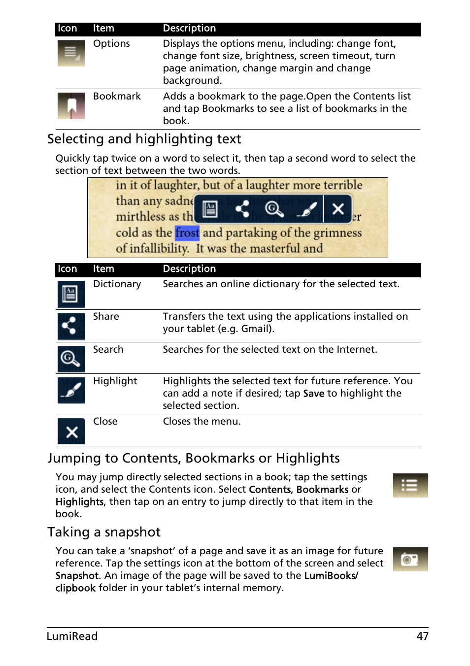 Selecting and highlighting text, Jumping to contents, bookmarks or highlights, Taking a snapshot | Acer A200 User Manual | Page 47 / 58