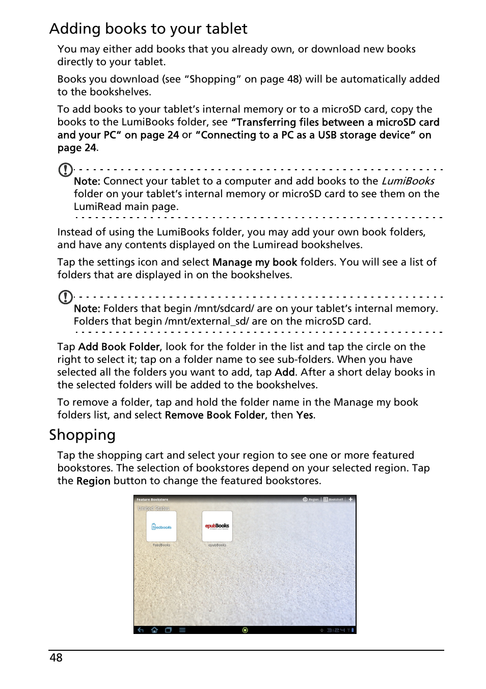 Adding books to your tablet, Shopping | Acer A200 User Manual | Page 48 / 58