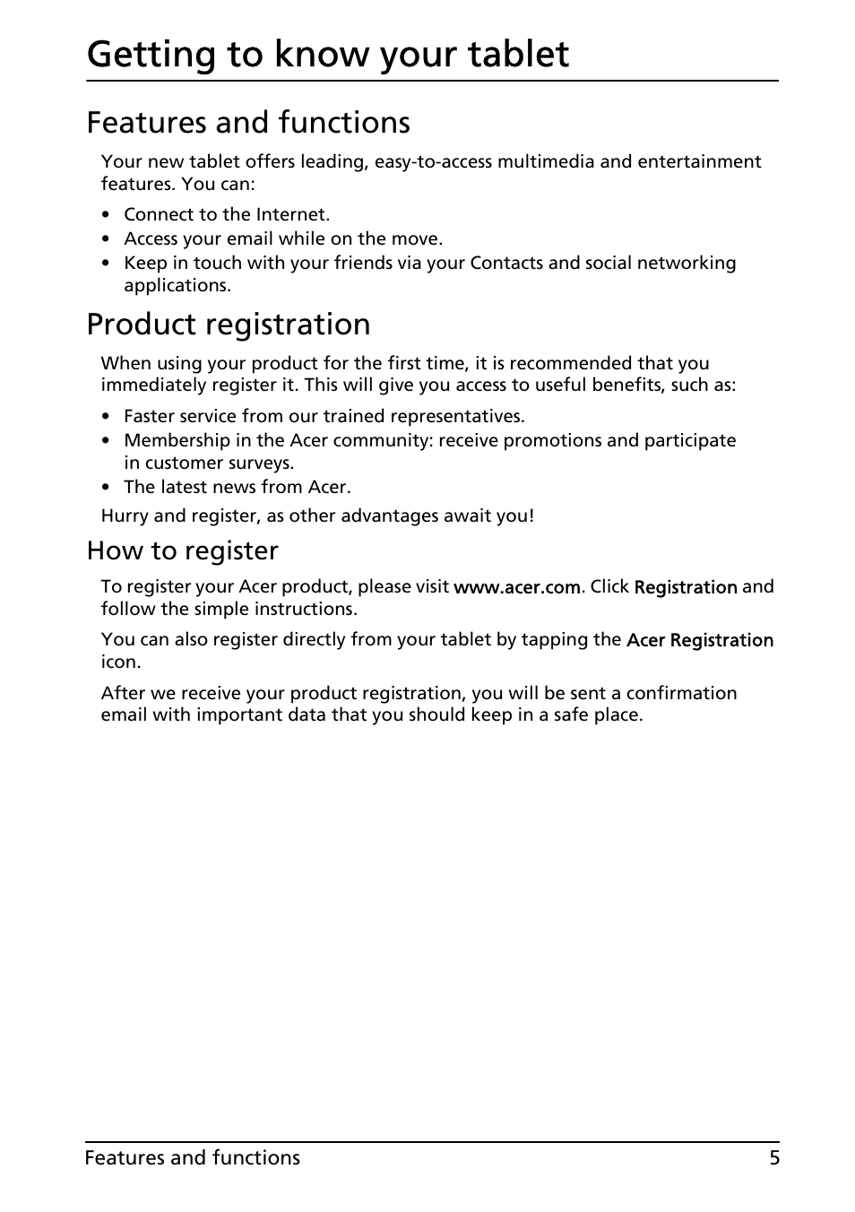 Getting to know your tablet, Features and functions, Product registration | Features and functions product registration, How to register | Acer A200 User Manual | Page 5 / 58