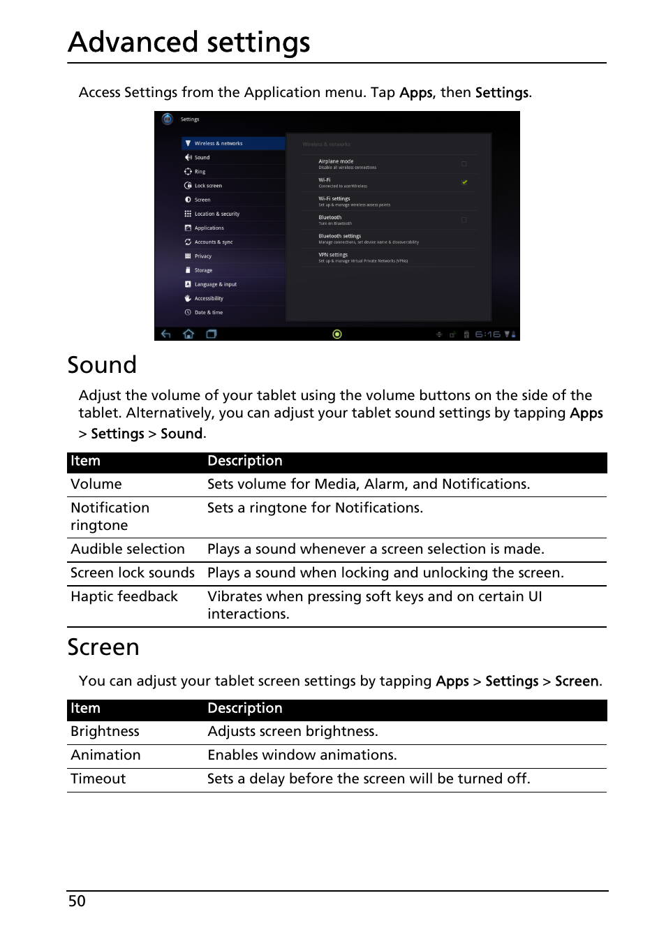 Advanced settings, Sound, Screen | Sound screen | Acer A200 User Manual | Page 50 / 58