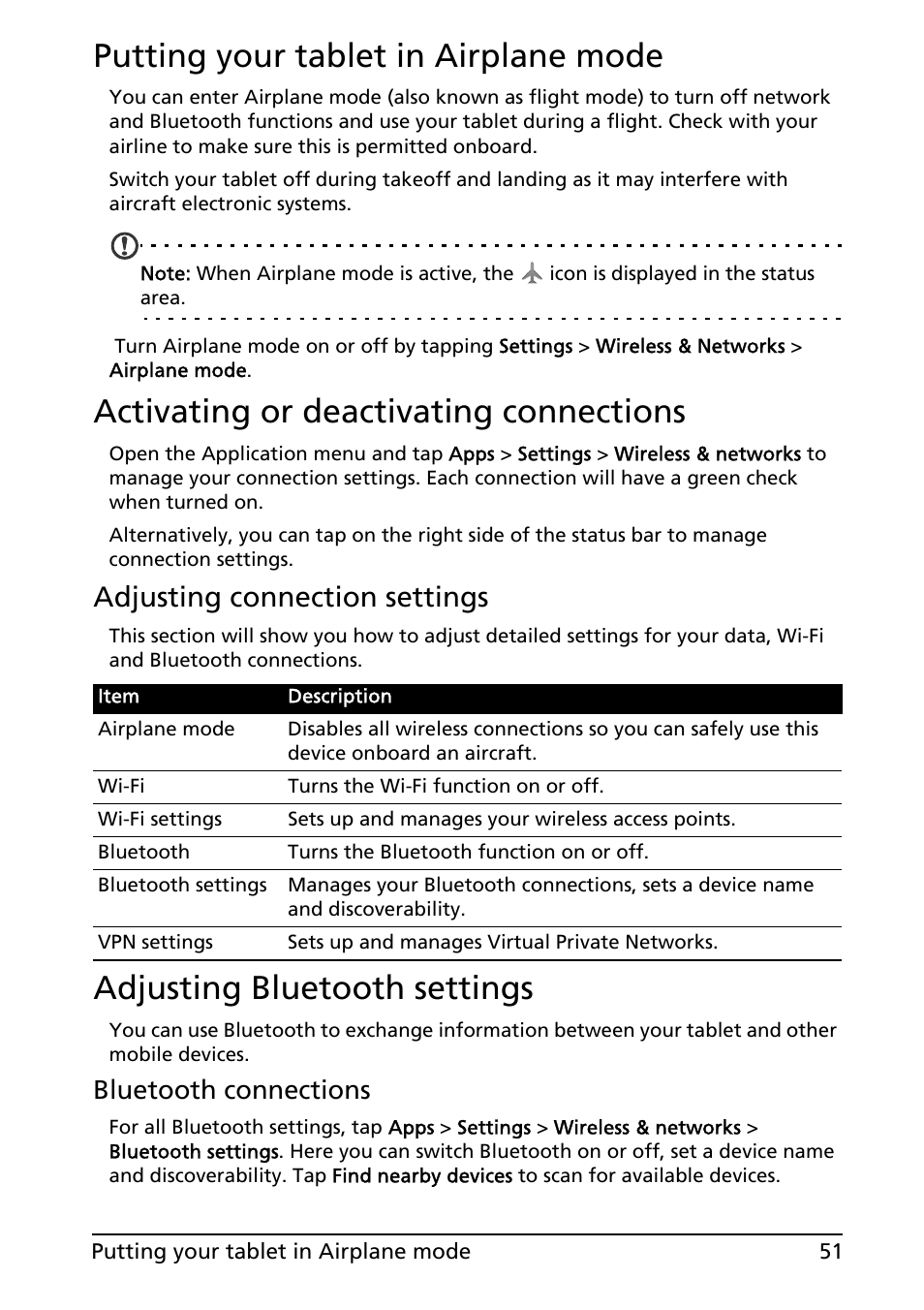 Putting your tablet in airplane mode, Activating or deactivating connections, Adjusting bluetooth settings | Adjusting connection settings, Bluetooth connections | Acer A200 User Manual | Page 51 / 58