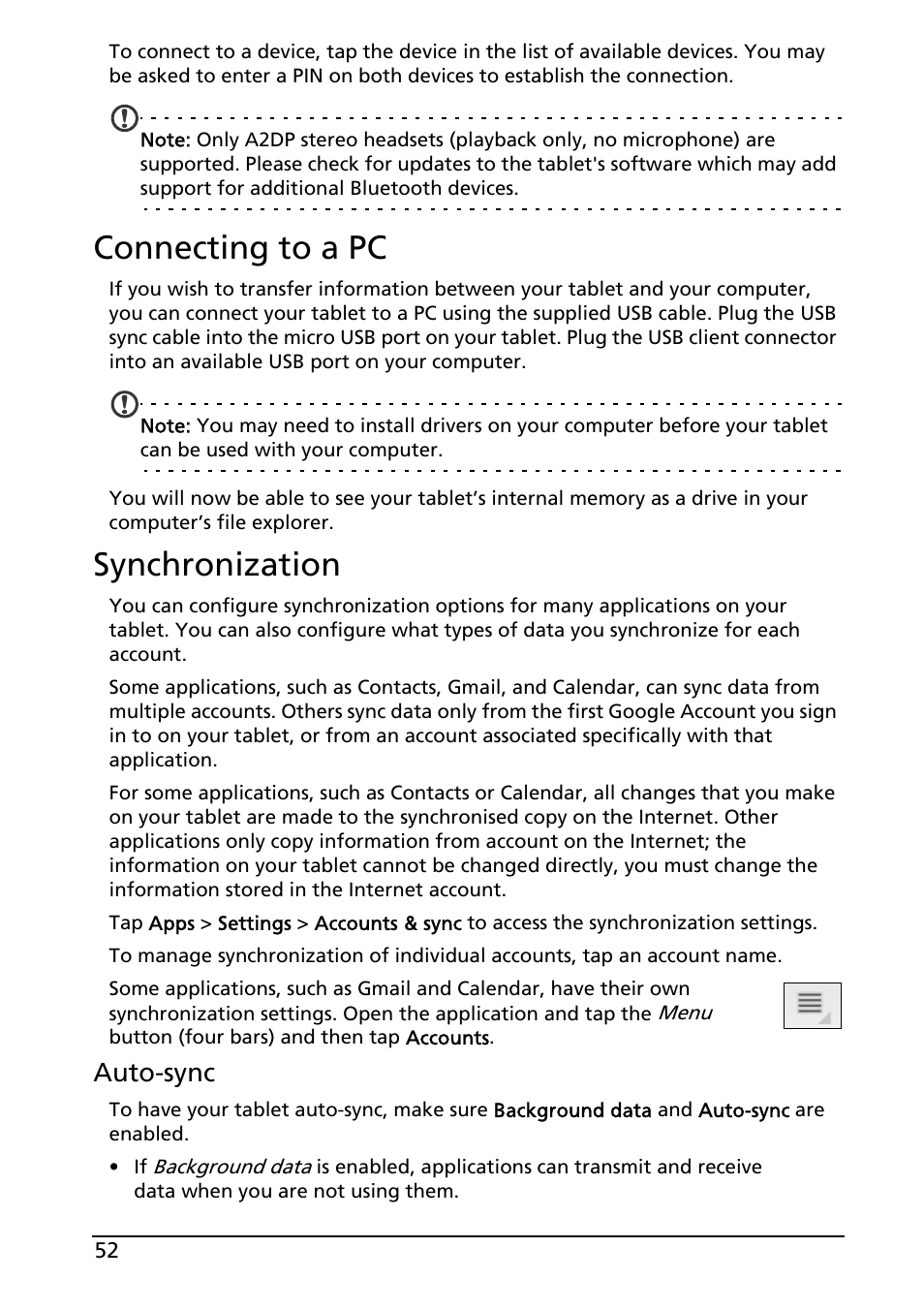 Connecting to a pc, Synchronization, Connecting to a pc synchronization | Auto-sync | Acer A200 User Manual | Page 52 / 58