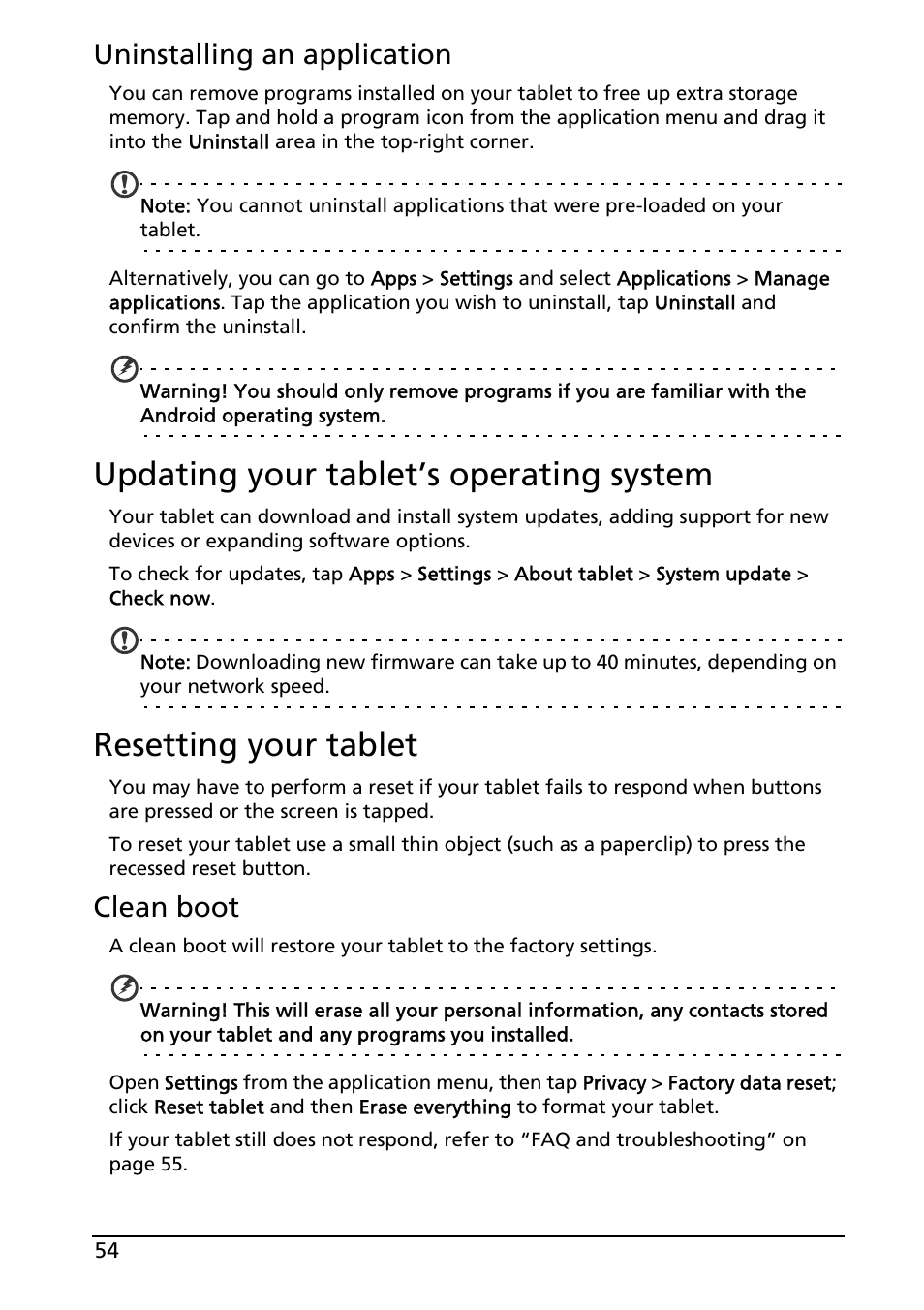 Updating your tablet’s operating system, Resetting your tablet, Uninstalling an application | Clean boot | Acer A200 User Manual | Page 54 / 58