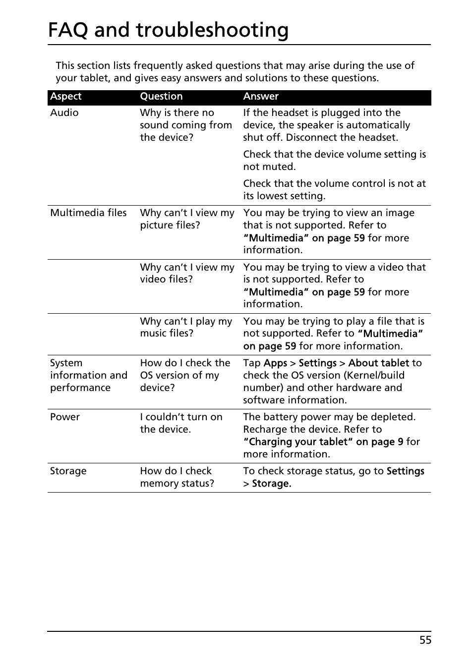 Faq and troubleshooting | Acer A200 User Manual | Page 55 / 58