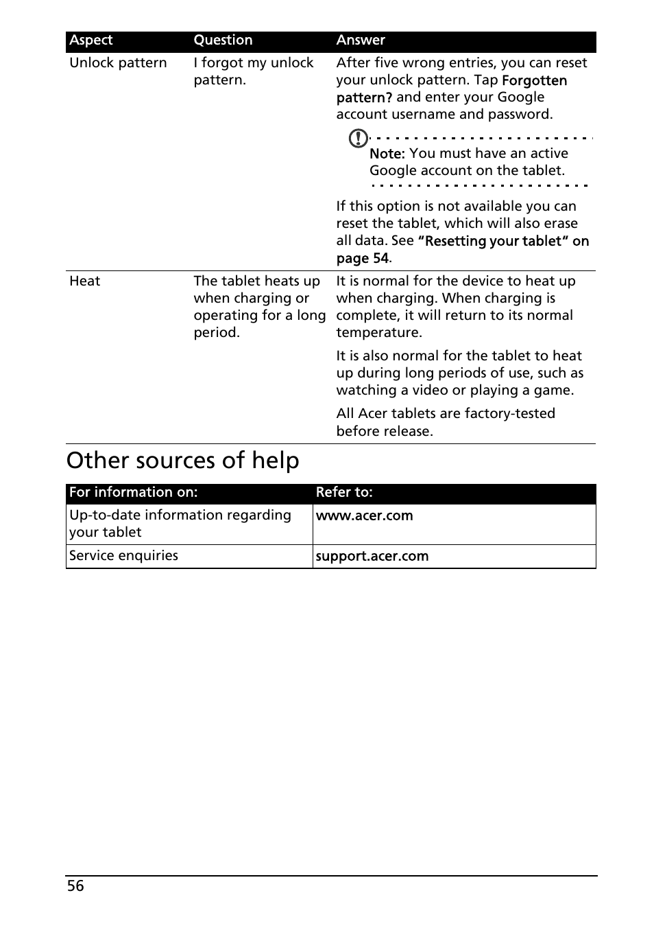 Other sources of help | Acer A200 User Manual | Page 56 / 58